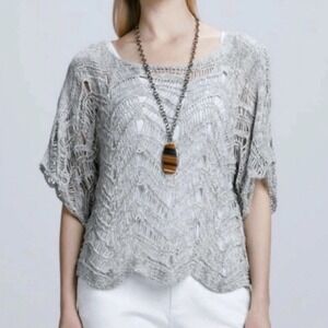 Eileen Fisher Taupe Grey Italian Yarn Open Knit Wonder Scallop Shirt Size MP